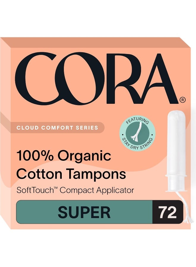 Cora Organic Applicator Tampons | Super Absorbency | 100% Organic Cotton, Unscented, Plant-Based Compact Applicator | Leak Protection, Easy Insertion, Non-Toxic | 36 Count x 2 Packs (72 Count Total) - Image 1